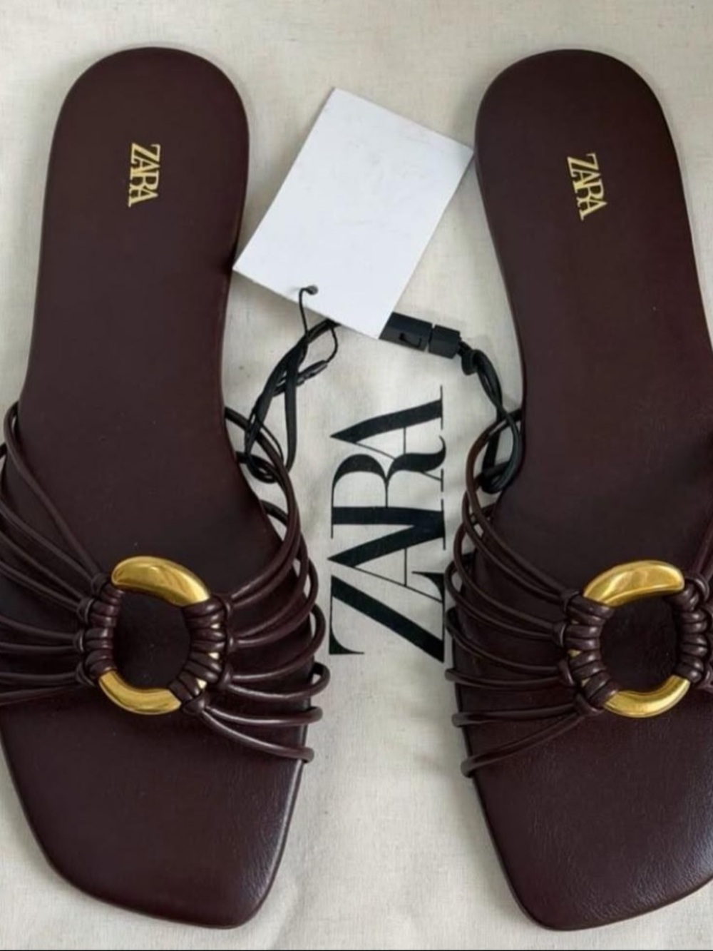 ZARA Brown Leather Strappy Slide Sandals with Gold Ring Detail